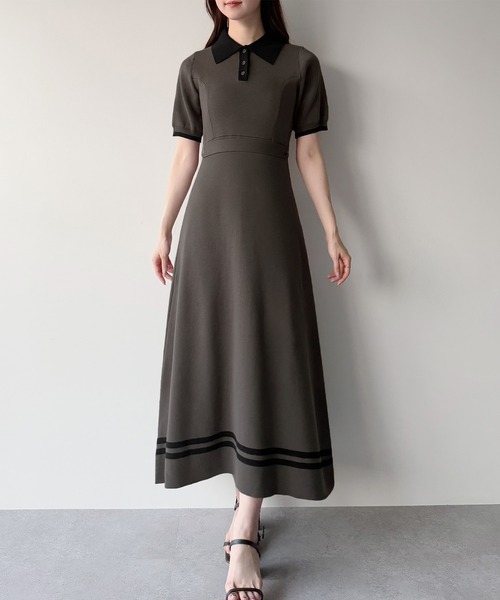 mipiarl ワンピース リボン付きポロニットセミフレアワンピース