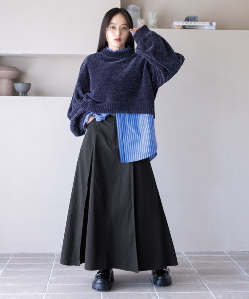 BPN 異素材ボックススカート RAGEBLUE（レイジブルー） スカート ボックスプリーツチノスカート