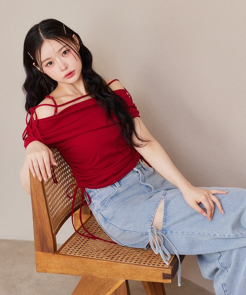 クロップド カットソー ブラウス トップス 肩リボン カジュアル one after another NICE CLAUP tシャツ オフショルダーリボン