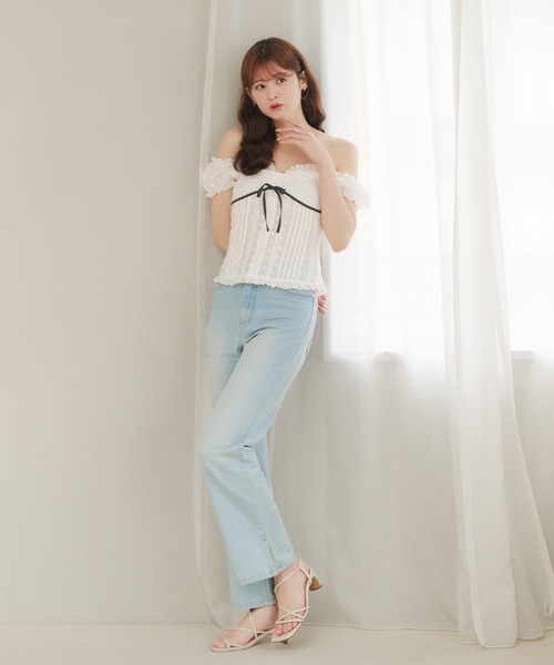 fupel ブラウス シャツ 2way cotton lace ribbon blouse