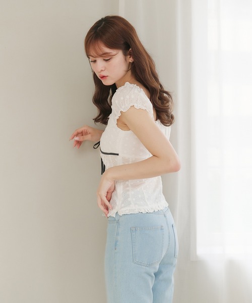新品コットンレースブラウス Cotton lace 2way blouse fupel ブラウス シャツ 2way cotton lace ribbon blouse