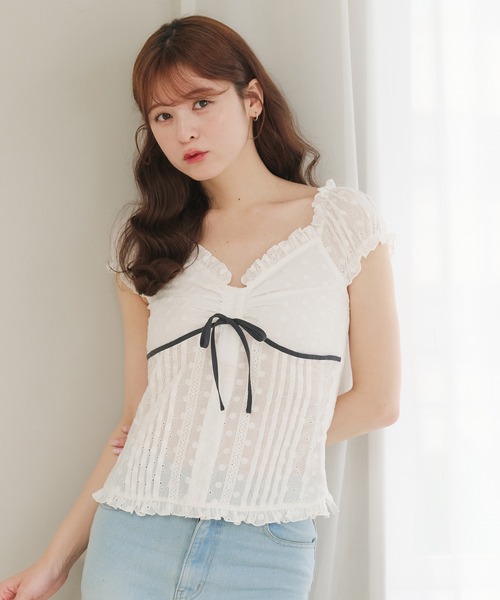 新品コットンレースブラウス Cotton lace 2way blouse fupel ブラウス シャツ 2way cotton lace ribbon blouse