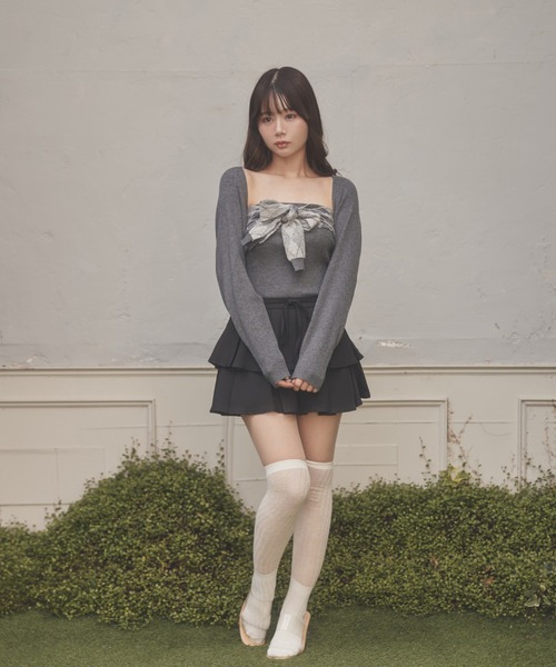 トップス Argyle ribbon knit set up gray ANDMARY】Argyle ribbon knit set up
