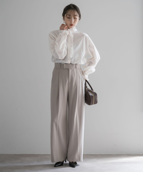 NOBLE（ノーブル） ブラウス シャツ シルキーコットンフリルディテール