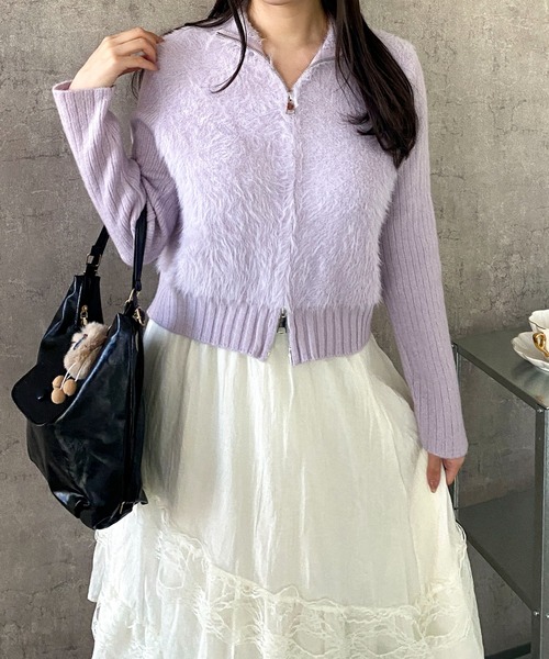 Mejoul ニット セーター リブ切替ハイネックシャギーニット