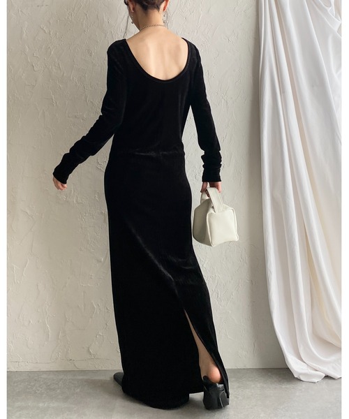 She's Closet ワンピース 長袖ロング丈バックオープンベロアワンピース