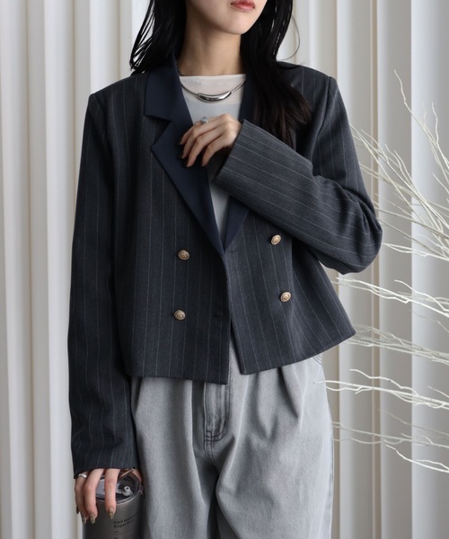 YENNA ジャケット テーラードジャケット 「配色ショートテーラード