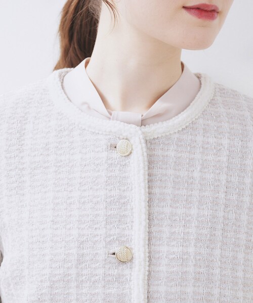 【美品】 FOXEY ノーカラージャケット 40 オフホワイト ツイード ニット Mila Owen（ミラオーウェン） ジャケット ノーカラージャケット ニット