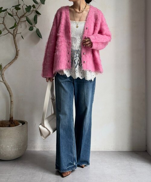 DouDou（ドゥドゥ） カーディガン ブラッシュ加工シルバーボタン