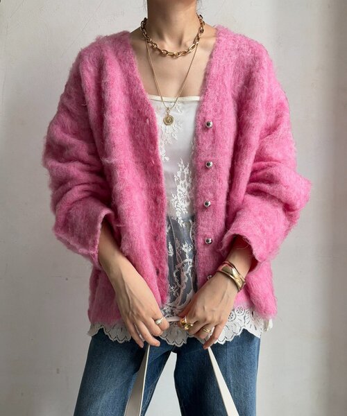 DouDou（ドゥドゥ） カーディガン ブラッシュ加工シルバーボタン