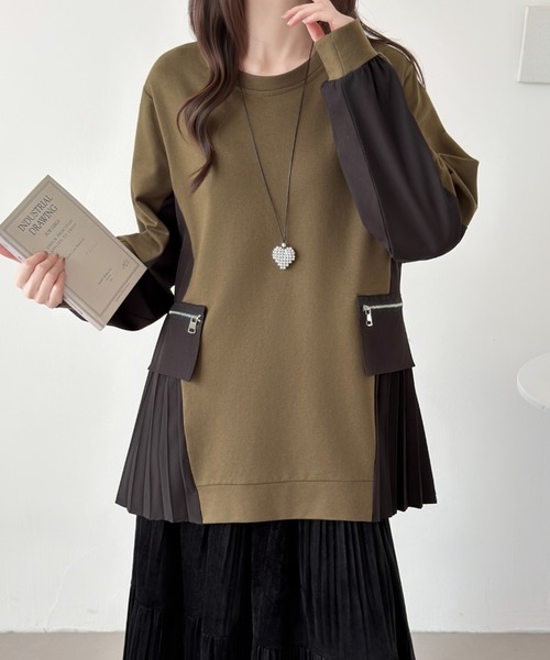 emi+ tシャツ サイド異素材プリーツドッキングプルオーバー レディース 