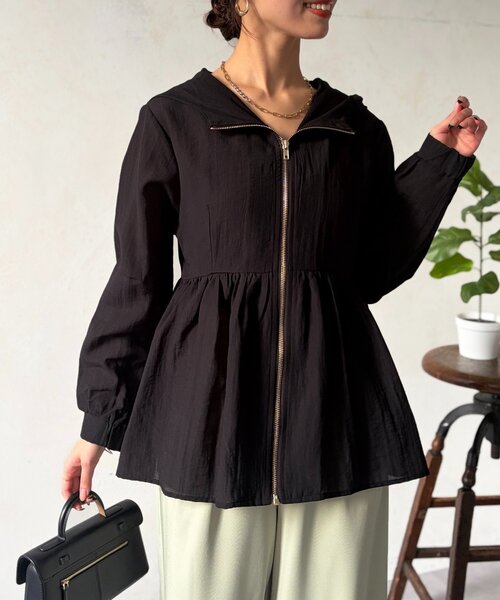 【美品】組曲　ペプラム　ジップブルゾン　シアー白　大きいサイズ Chez toi（シェトワ） ブルゾン アウター 「かわいく体型カバー
