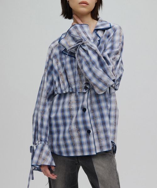 Ameri（アメリ） ブラウス シャツ UNEVEN CHECK RIBBON SHIRT