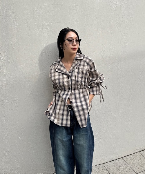 Ameri（アメリ） ブラウス シャツ UNEVEN CHECK RIBBON SHIRT