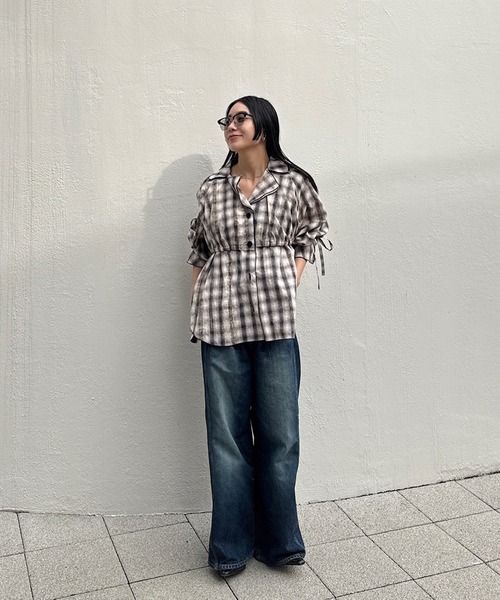 Ameri（アメリ） ブラウス シャツ UNEVEN CHECK RIBBON SHIRT