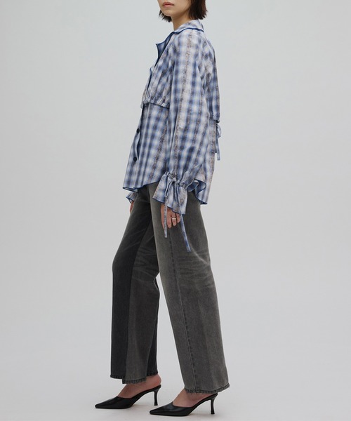 Ameri（アメリ） ブラウス シャツ UNEVEN CHECK RIBBON SHIRT