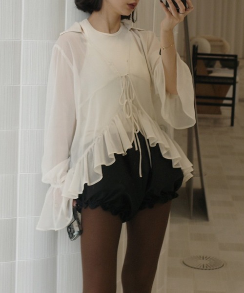 Ameri（アメリ） ブラウス シャツ 「ZOZOTOWN限定」RIBBON FRILL SHEER