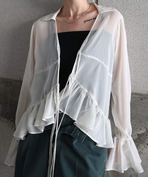 Ameri（アメリ） ブラウス シャツ 「ZOZOTOWN限定」RIBBON FRILL SHEER 