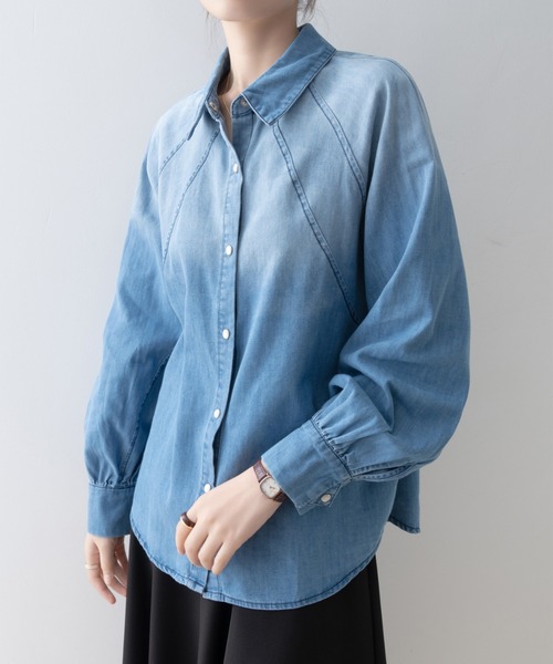 Aelina ブラウス シャツ 襟付きパフスリーブ長袖デニムシャツ