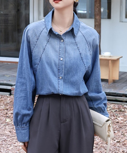 Aelina ブラウス シャツ 襟付きパフスリーブ長袖デニムシャツ