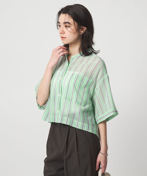 ブラウス シャツ 100/2 ポケット ストライプ シャツ レディースの画像
