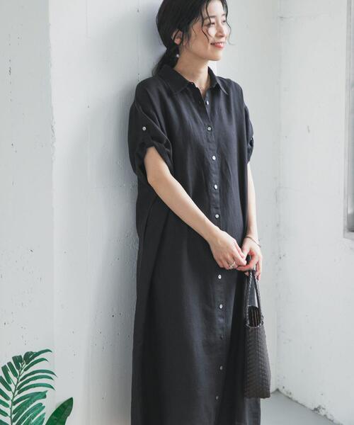 ワンピース リネン半袖シャツワンピースの画像