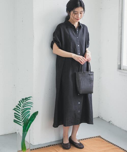 ワンピース リネン半袖シャツワンピースの画像