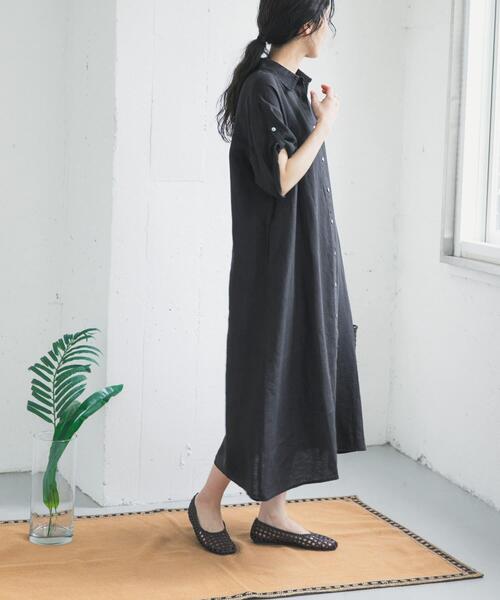 ワンピース リネン半袖シャツワンピースの画像