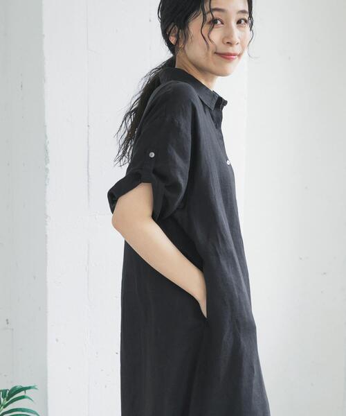 ワンピース リネン半袖シャツワンピースの画像