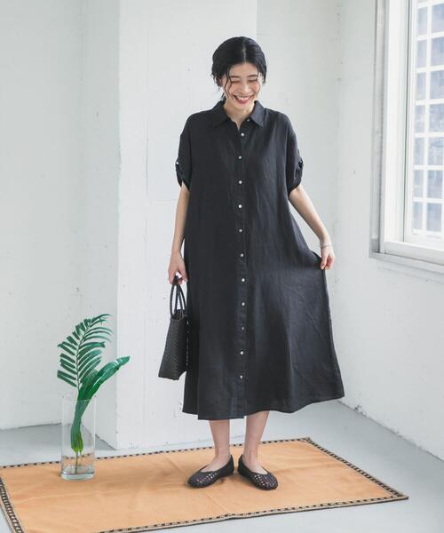ワンピース リネン半袖シャツワンピースの画像