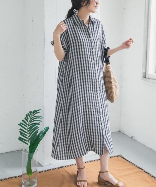 ワンピース リネン半袖シャツワンピースの画像