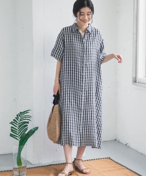 ワンピース リネン半袖シャツワンピースの画像