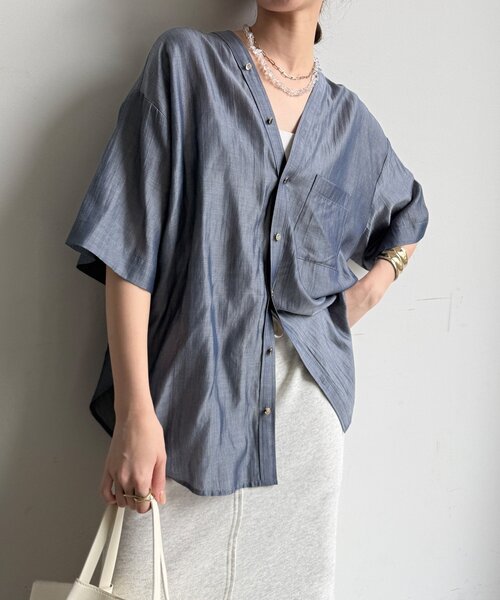 DouDou（ドゥドゥ） ブラウス シャツ 半袖 シャンブレーVVシャツ