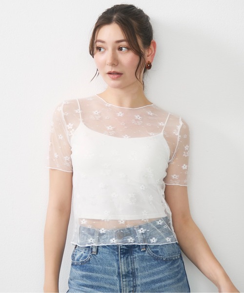 Lunea tシャツ 半袖 フラワーレースシアートップス / floral lace