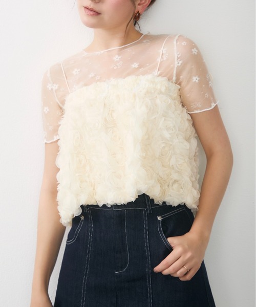 Lunea tシャツ 半袖 フラワーレースシアートップス / floral lace