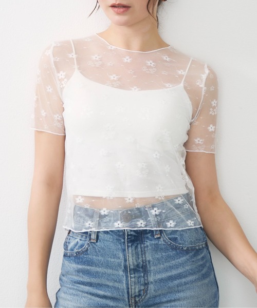 Lunea tシャツ 半袖 フラワーレースシアートップス / floral lace