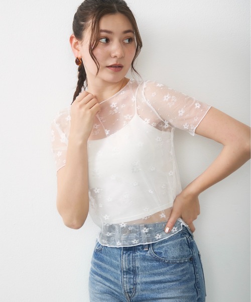Lunea tシャツ 半袖 フラワーレースシアートップス / floral lace
