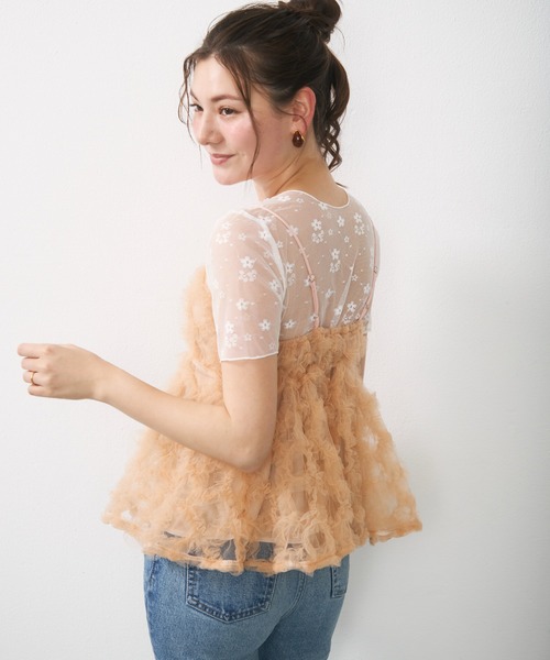 Lunea tシャツ 半袖 フラワーレースシアートップス / floral lace