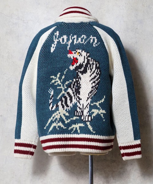 【新品未使用】HOUSTON 刺繍 スカジャン風 ニットカーディガン Lサイズ HOUSTON（ヒューストン） カーディガン SOUVENIR COWICHAN SWEATER