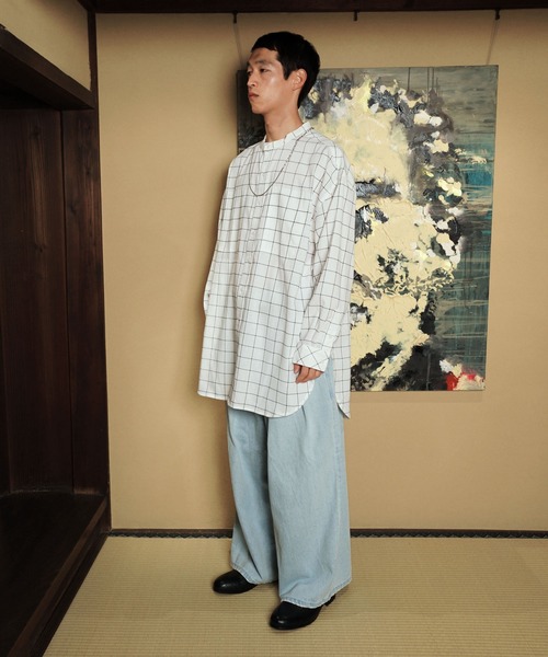 極美品☆ビアズリー 麻 バンドカラー ロングシャツ オーバーサイズ ゆったり 白 極美品☆ビアズリー 麻 バンドカラー ロングシャツ オーバー