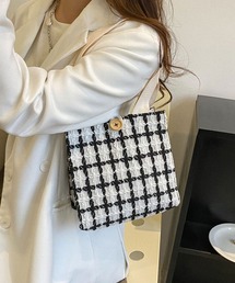 【おすすめ商品】チェック柄 レザートートバッグ　ブラック＆ホワイト おすすめ商品】チェック柄 レザートートバッグ ブラック＆ホワイト