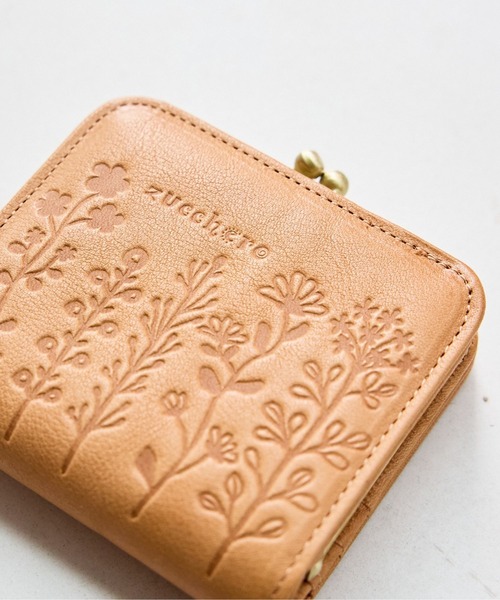 財布 レディース 本革 日本製 コンパクト 小さめ がま口 花柄 型押し