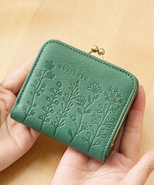 財布 レディース 本革 日本製 コンパクト 小さめ がま口 花柄 型押し