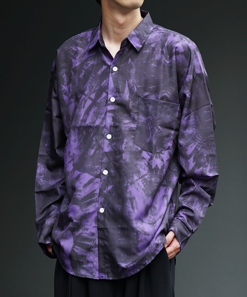 人気 アクネ 総柄アート柄 裾切りっぱなし シャツ モノトーン ワイドシルエット 柄シャツ スプラッシュ 墨 飛び散り スプレー 白黒 モノトーン