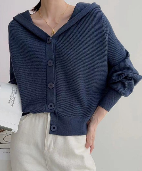 COCOMOMO カーディガン フード付きドルマンニットカーディガン 