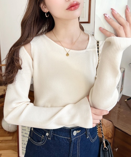 新品⭐︎etretokyoアシンメトリーネックニットプルオーバー⭐︎エトレオフショル moment+ ニット セーター 12Gショルダースリットアシンメトリー