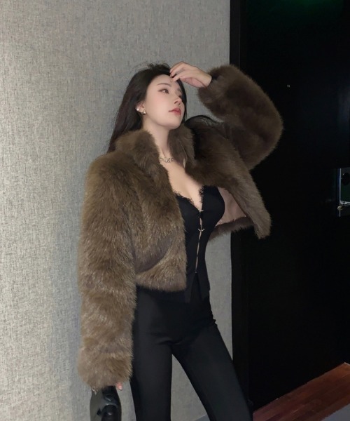 おしゃれスタ コート アウター フェイクファーショート丈ジッパー