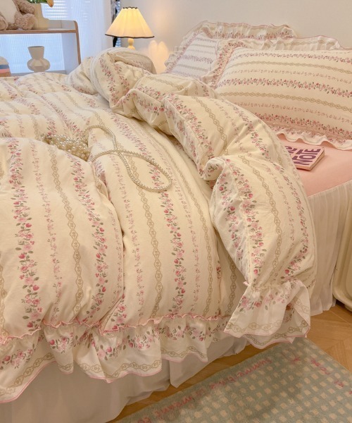 ベッド 寝具 花柄リボンパイピングフリルベッドカバー4点セット