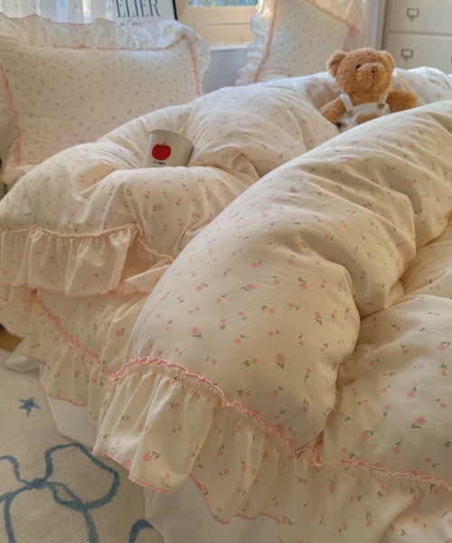 ベッド 寝具 花柄リボンパイピングフリルベッドカバー4点セット