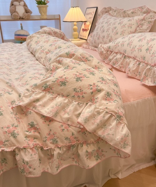 ベッド 寝具 花柄リボンパイピングフリルベッドカバー4点セット